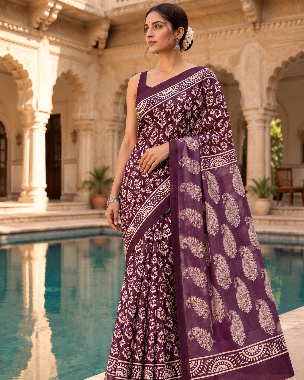 Baingani saree, worn