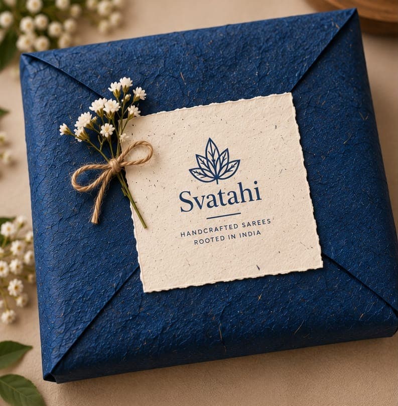 A Svatahi saree wrapped in indigo handmade paper with a cream brand card, a jute bow and small white flowers